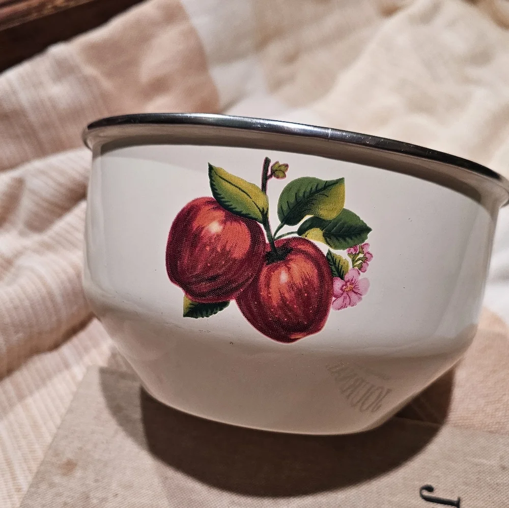 Vintage Enamel Bowl with Apple Design